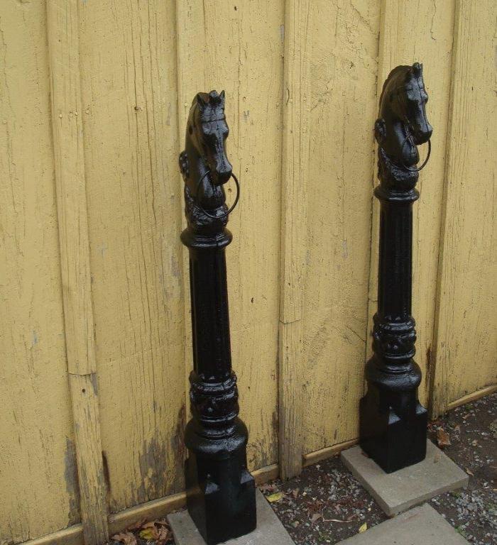 PAIR ANTIQUES HITCHING POSTS, CAST IRON 19TH C. 