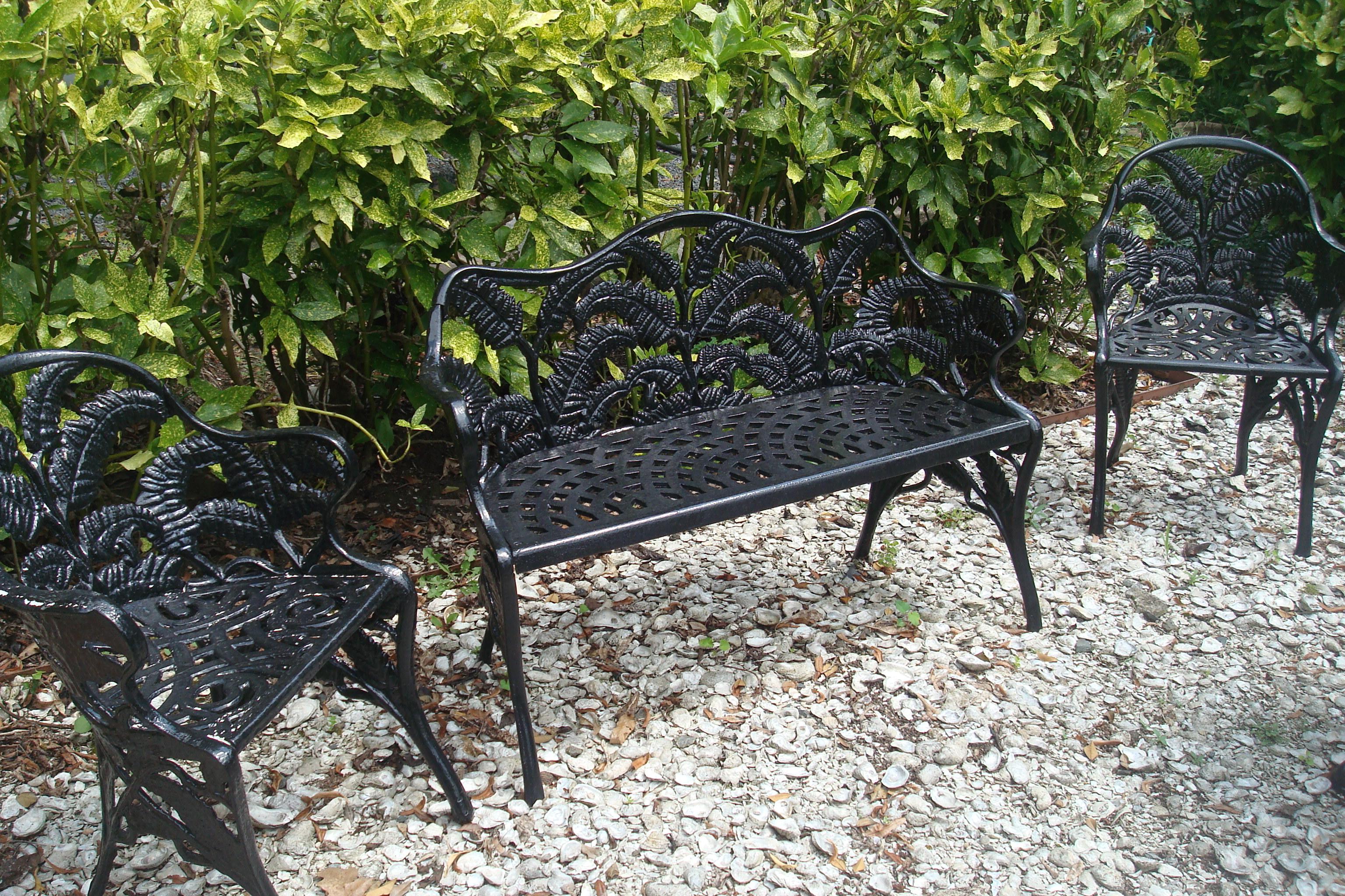 FERN BENCH AND TWO CHAIRS, CAST IRON