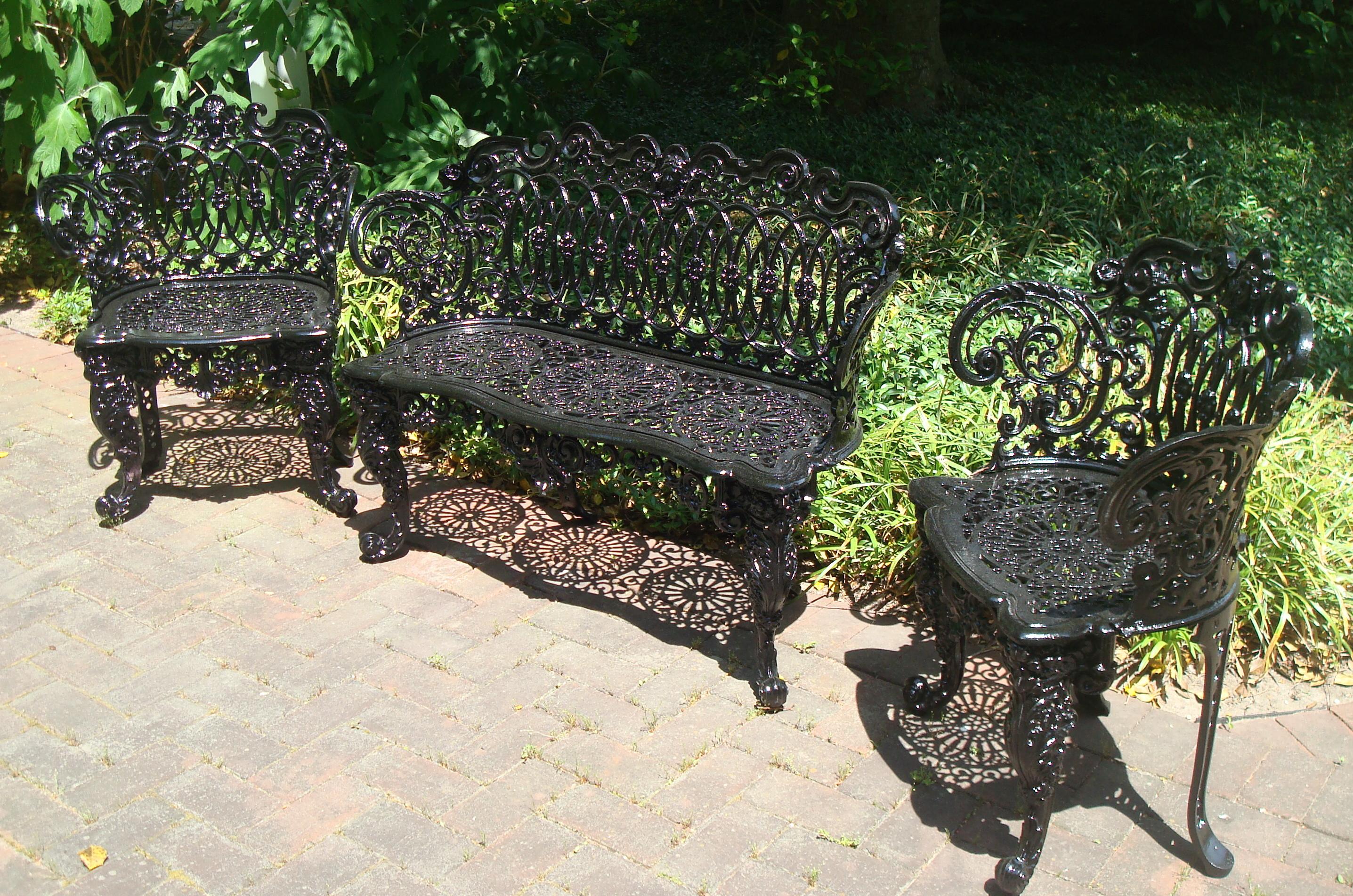 BENCH AND TWO MATCHING ARM CHAIRS, SCROLL PATTERN, ANTIQUE