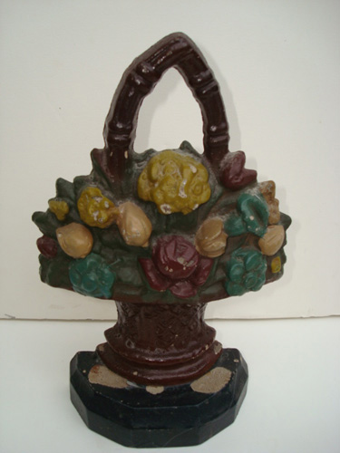 Antique Cast Iron Doorstop | Handled Basket of Colorful Flowers