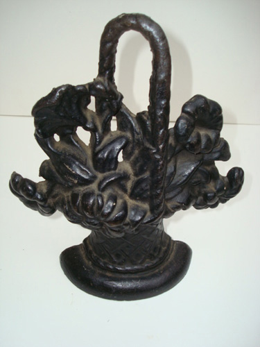 Antique Cast Iron Doorstop | Handled Based of Black Painted Flowers