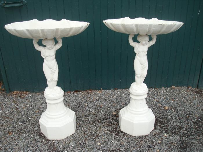 BIRD BATHS, PAIR, CAST IRON PUTTO WITH SHELL BOWL