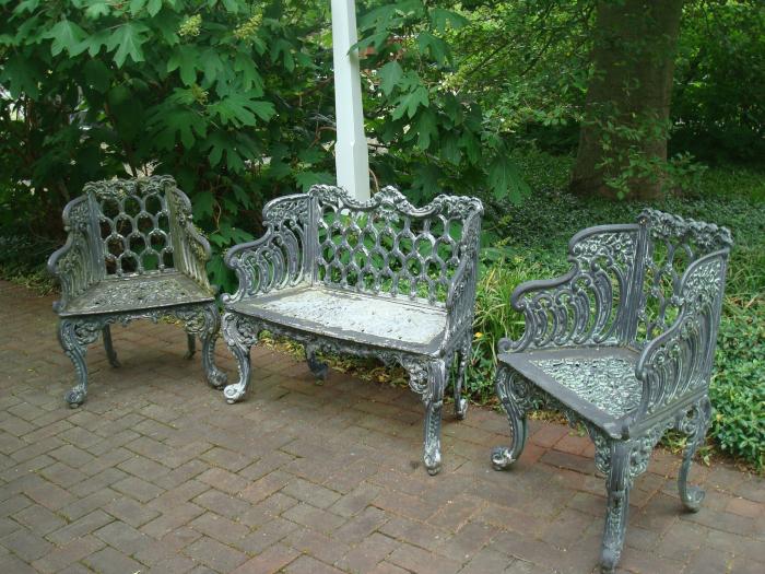 BENCH, CAST ALUMINUM AND 2 CHAIRS, VINTAGE GOTHIC PATTERN 
