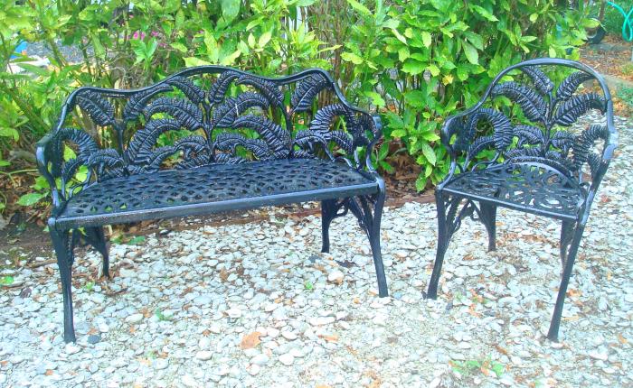 FERN BENCH AND ONE CHAIR, CAST IRON