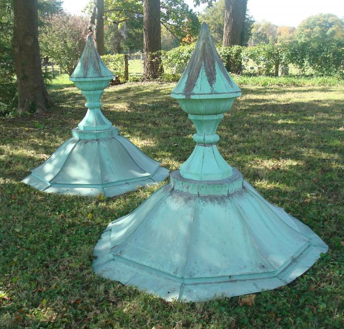  FINIALS, ANTIQUE PAIR, PATINATED COPPER 