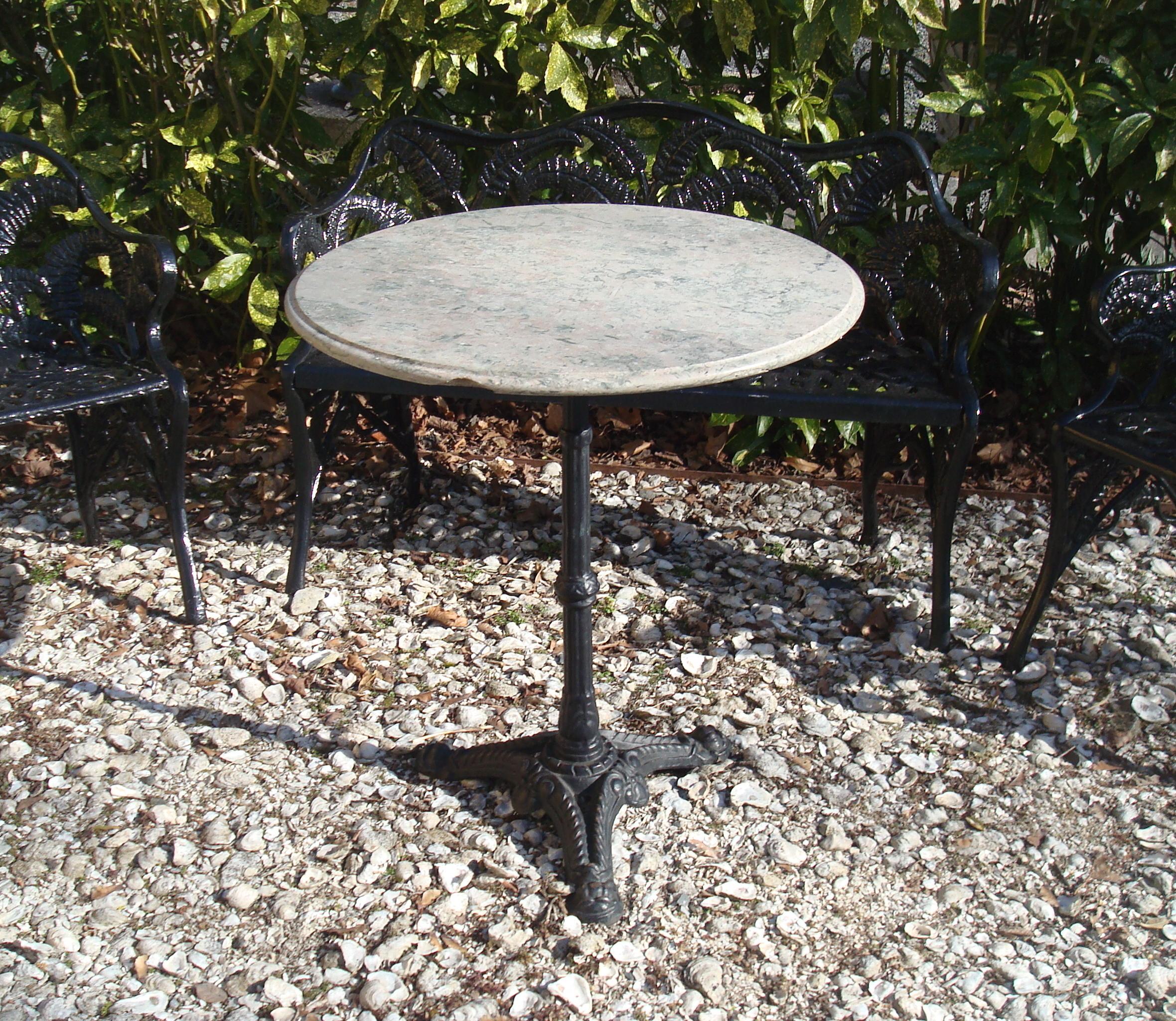PAIR IRON TABLES WITH MARBLE TOPS, VINTAGE
