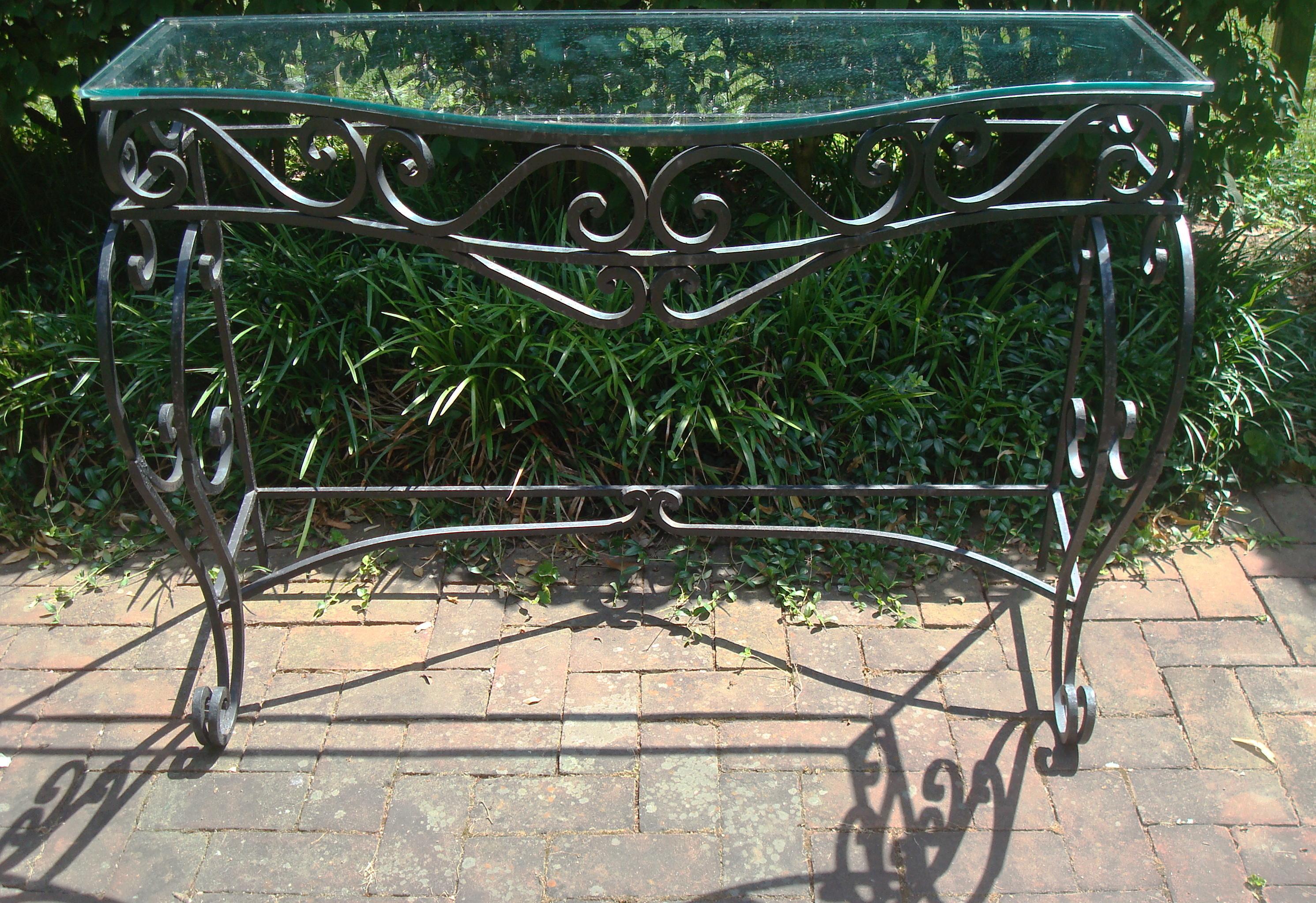 WROUGHT IRON CONSOLE TABLE WITH GLASS TOP, MODERN