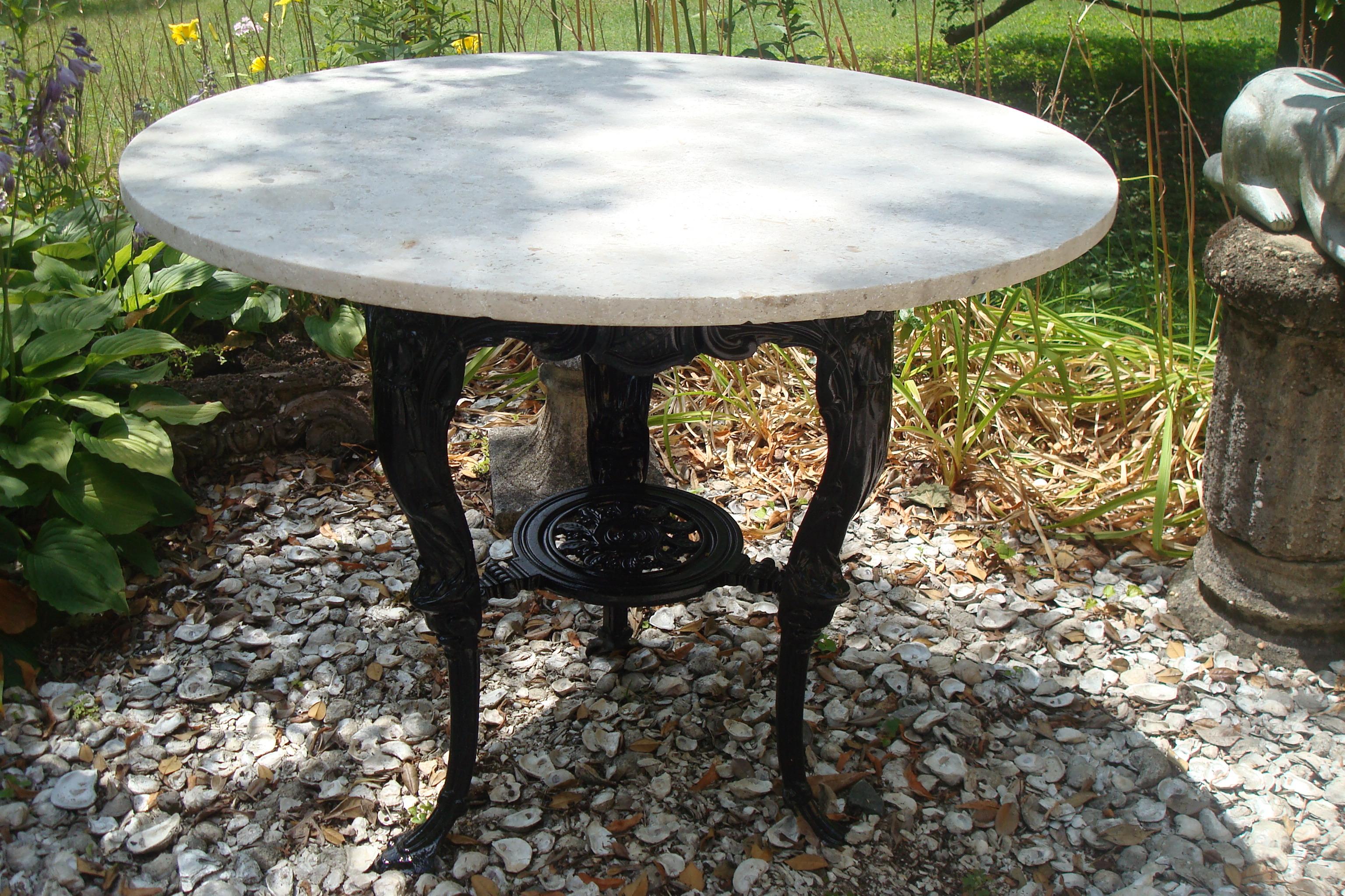 PUB TABLE, CAST IRON, WITH WHITE MARBLE TOP, 19TH C.
