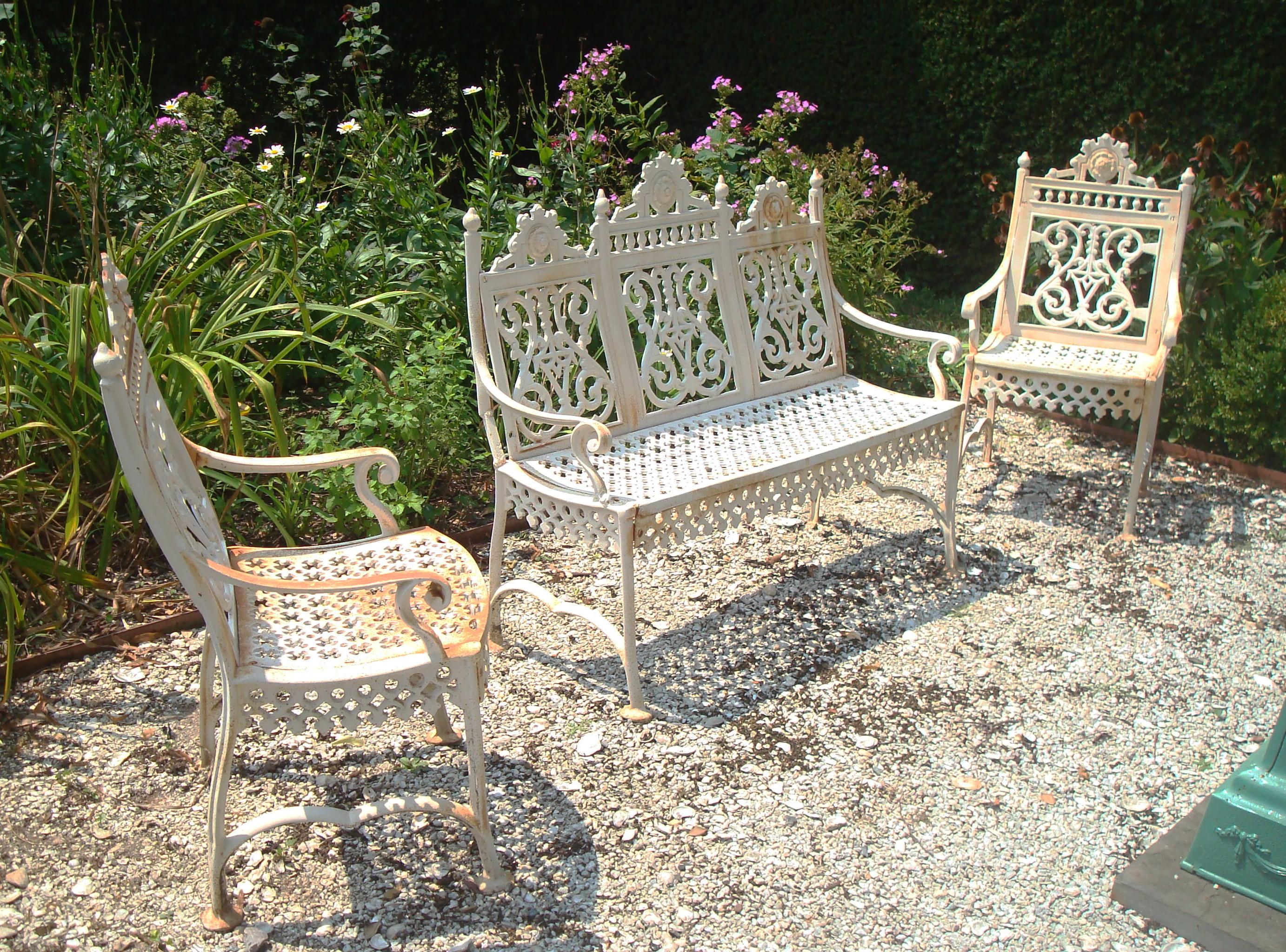 CAST IRON BENCH AND TWO CHAIRS, 