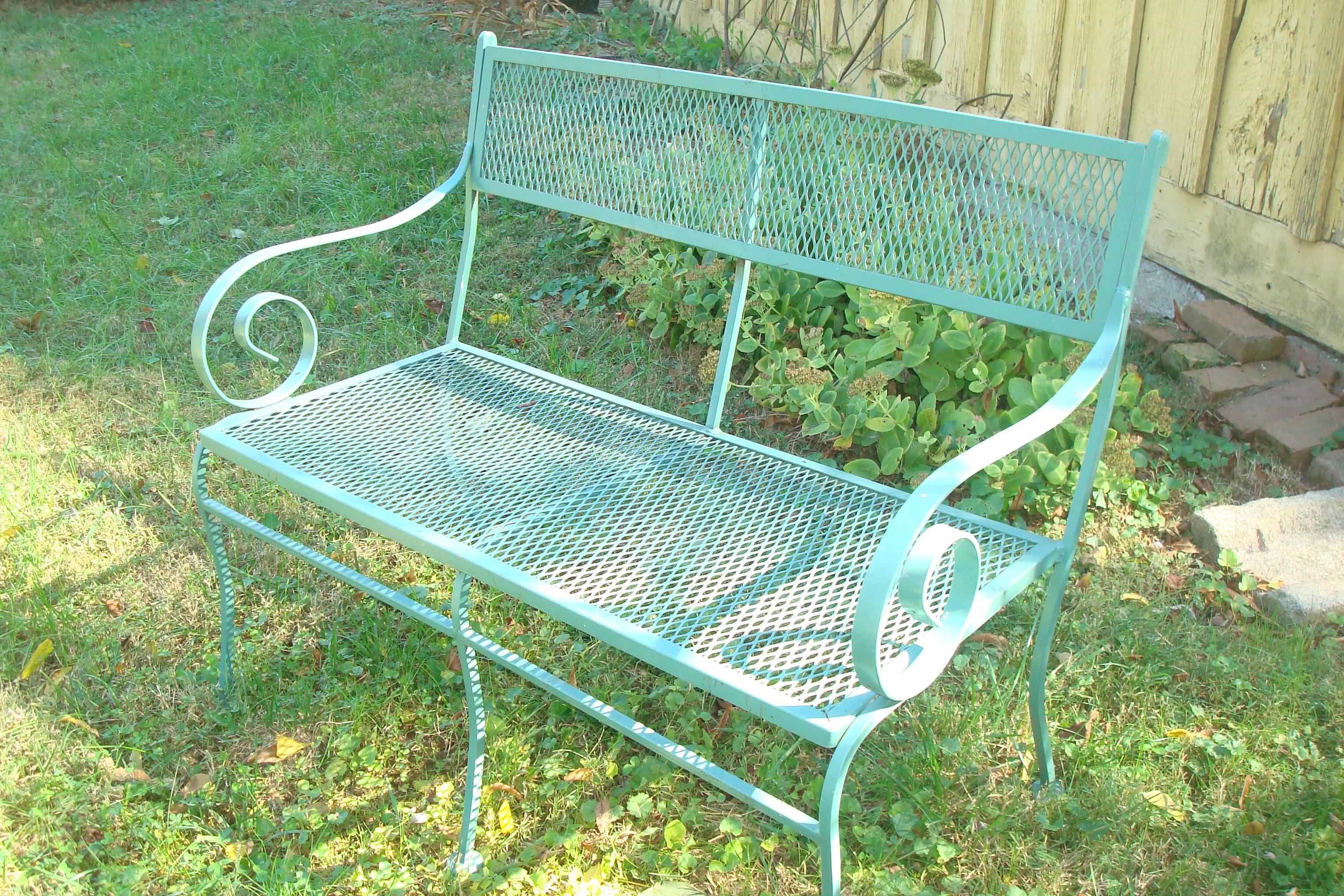 BENCH, WROUGHT IRON, PAINTED TEAL GREEN, C. 1950