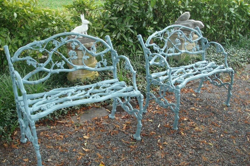 PAIR RUSTIC PATTERN IRON BENCHES, ANTIQUE